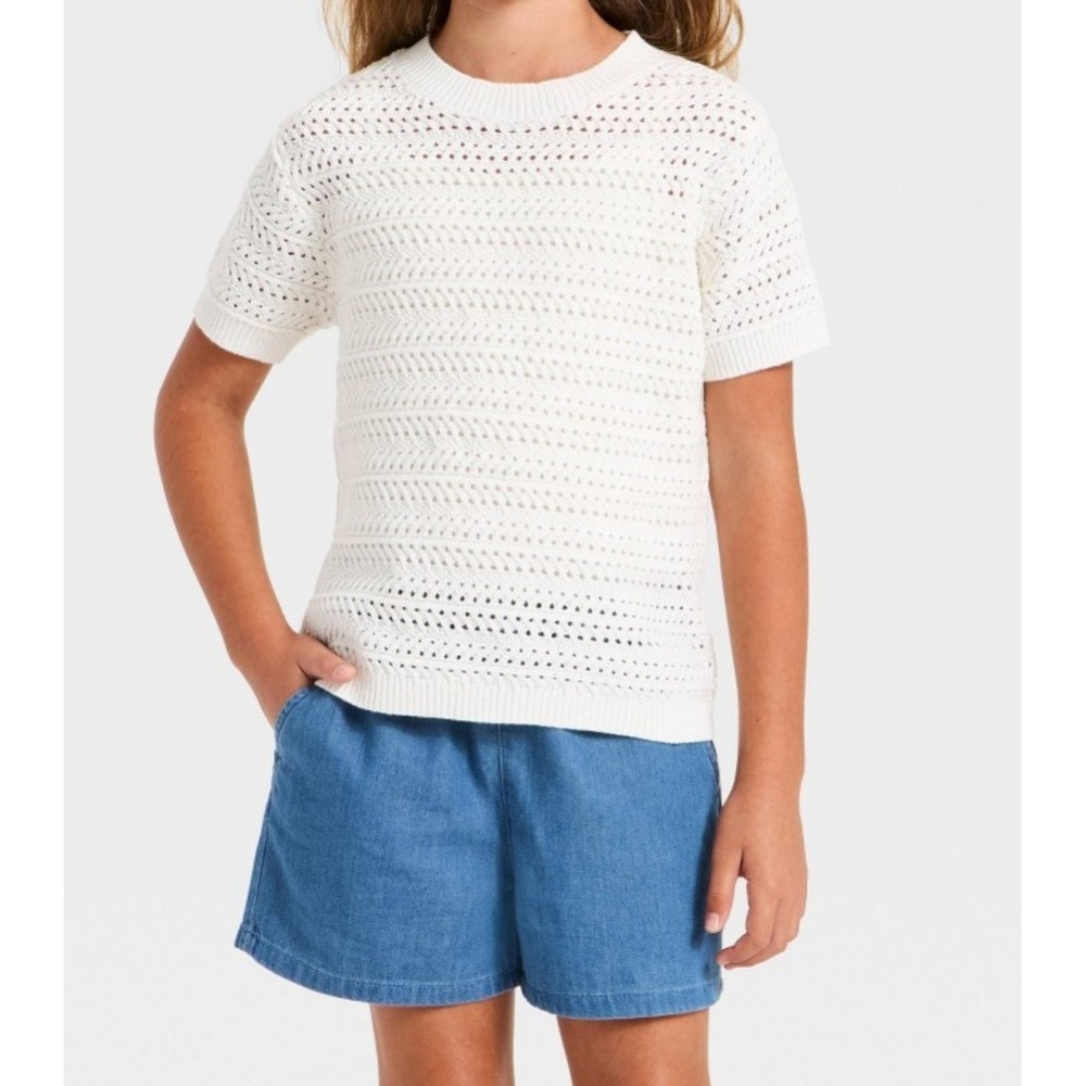 NWT Girls Cat & Jack white Short Sleeve Knit open work Sweater Size L 10-12